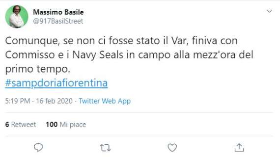 Guarda che tweet! Dopo Sampdoria-Fiorentina: "Senza VAR, Navy Seals in campo"