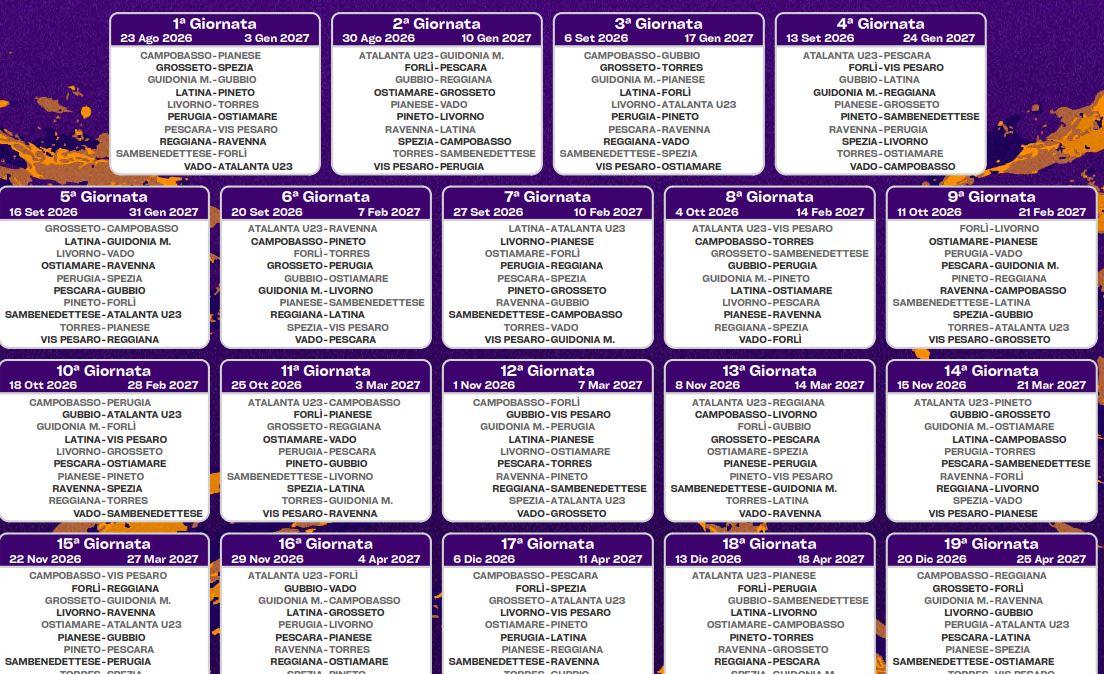 Serie C 2026-2027, il calendario completo del Girone B: Pescara-Spezia alla 7ª