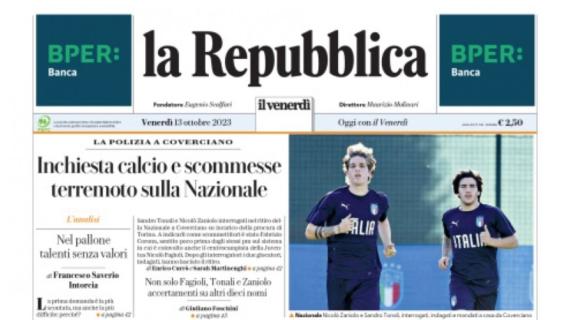 La prima pagina di Repubblica: "Inchiesta calcio e scommesse, terremoto sulla Nazionale"