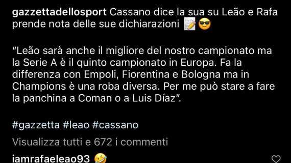 Rafael Leao ha risposto con una risata alle dure critiche di Antonio Cassano
