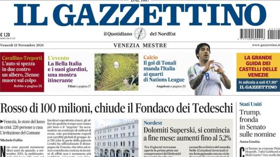 Belgio ko. Il Gazzettino in apertura: "Tonali manda l'Italia ai quarti di Nations League"