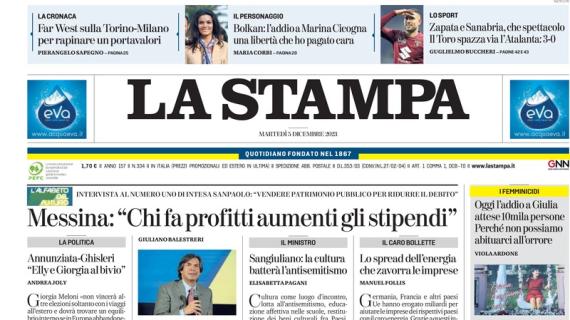 La Stampa: "Zapata e Sanabria, che spettacolo: il Toro spazza via l'Atalanta: 3-0"