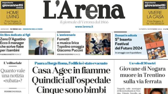 L'Arena in prima pagina: "Notte magica al Bentegodi. L'Hellas affonda la Roma di Juric"