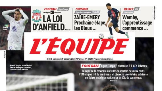 L'Equipe in prima pagina sul 3-1 del Marsiglia all'AEK Atene: "In tutta amicizia"