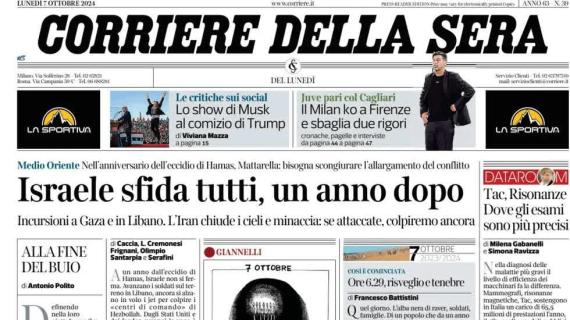 Il Corriere della Sera in prima pagina: "Il Milan sbaglia due rigori e va ko a Firenze"