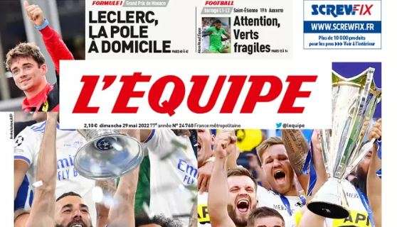 L'Equipe apre con il trionfo del Real Madrid di Ancelotti: "Campioni d'Europa"