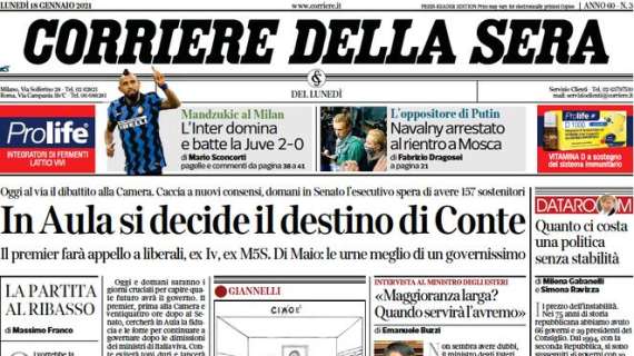 Il Corriere della Sera in apertura: "L'Inter domina e batte la Juventus per 2-0"