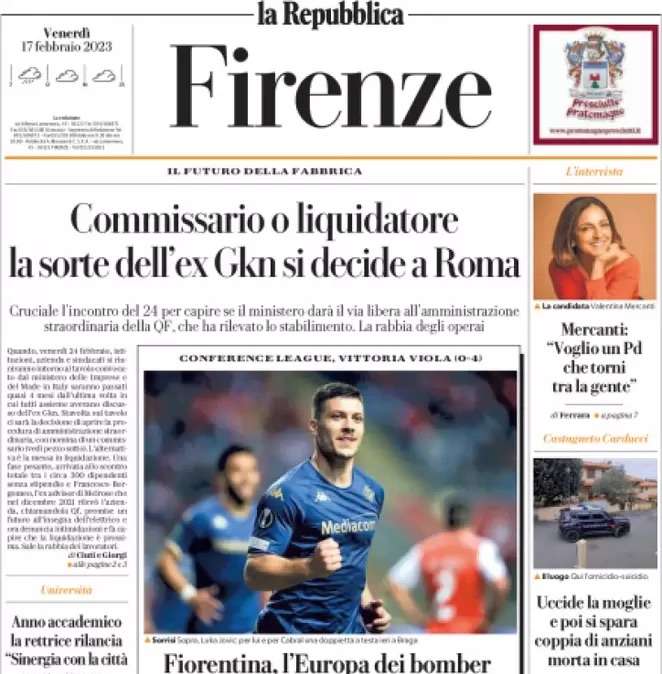 La Repubblica (Firenze): “Fiorentina, l’Europa dei bomber. Jovic e Cabral: poker al Braga”