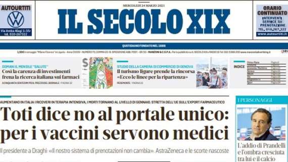 Il Secolo XIX in apertura: "L'addio di Prandelli e l'ombra cresciuta tra lui e il calcio"