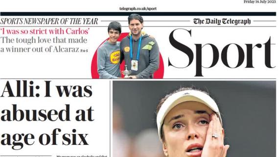 La prima pagina del Daily Telegraph Sport: "Dele Alli rivela gli abusi subiti da bambino"