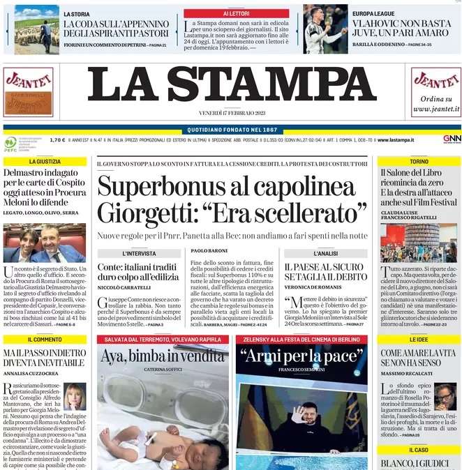 La Stampa in prima pagina questa mattina: “Vlahovic non basta. Juventus, un pari amaro”