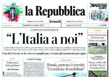 La Repubblica: "Esame d'inglese". E Mancini bacchetta: "Italia a chi la ama"