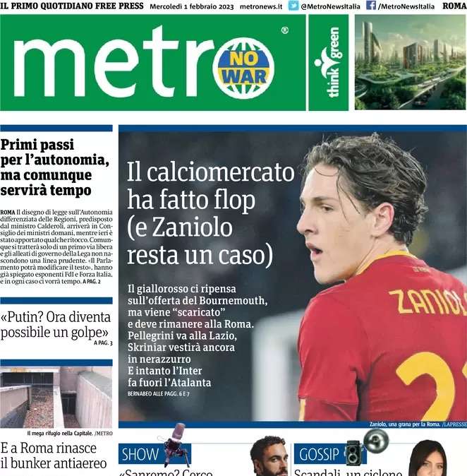 Metro in apertura questa mattina: “Il calciomercato ha fatto flop (e Zaniolo resta un caso)”