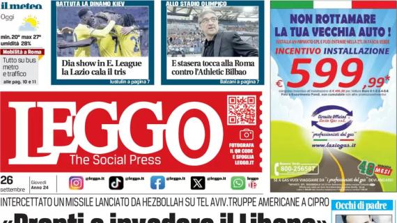 La prima pagina di Leggo: "Dia show in Europa League: la Lazio cala il tris"