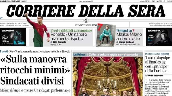 Il Corriere della Sera in apertura stamani su CR7: “Ronaldo? Un narciso ma merita rispetto”
