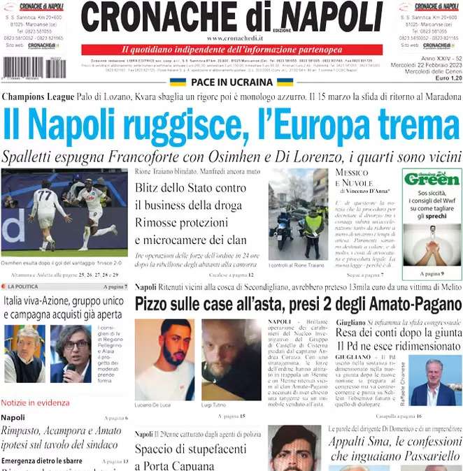 Cronache di Napoli: "Il Napoli ruggisce, l'Europa trema". Monologo azzurro a Francoforte
