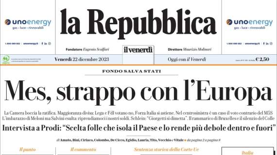 Superlega, La Repubblica apre così: "Rivoluzione calcio, basta monopolio Uefa"