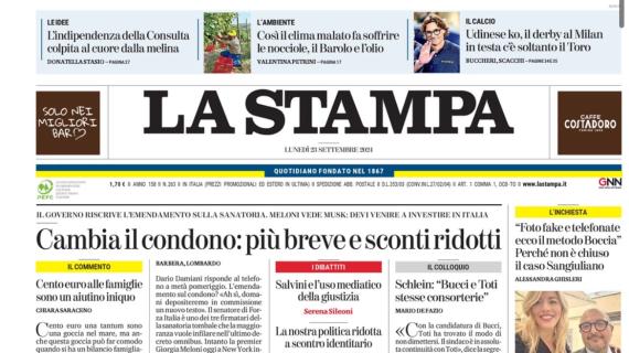 La Stampa in taglio alto: "Udinese ko, derby al Milan e il Torino resta solo al comando"