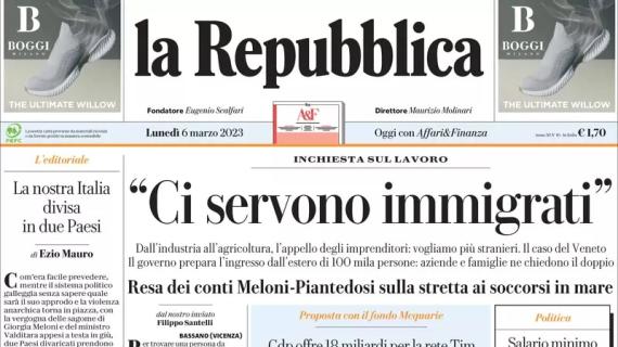 La Repubblica: "L'Inter vince e rincorre il Napoli. La Roma batte la Juve"