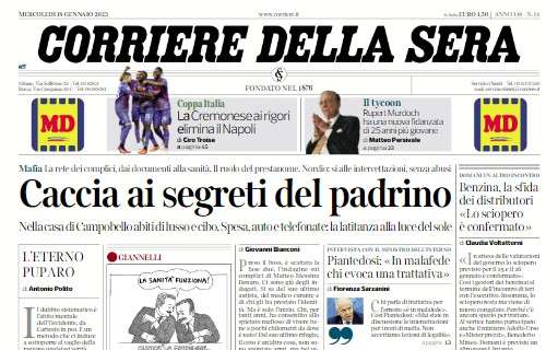 L'apertura del Corriere della Sera: "La Cremonese ai rigori elimina il Napoli"