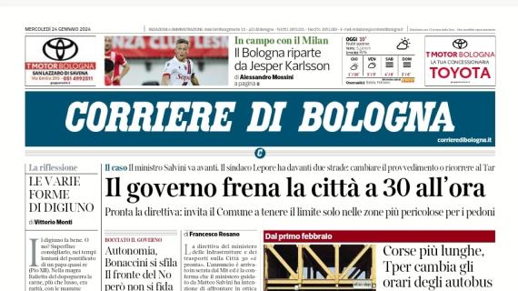 Il Corriere di Bologna in apertura sui felsinei: "Il Bologna riparte da Jesper Karlsson"