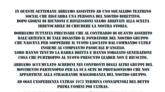 Napoli, si scioglie lo storico gruppo di tifosi azzurri Ultras 72: il comunicato ufficiale