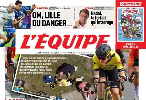 L'Equipe stamattina in prima pagina sull'anticipo di Ligue 1: "OM, pericolo Lille"