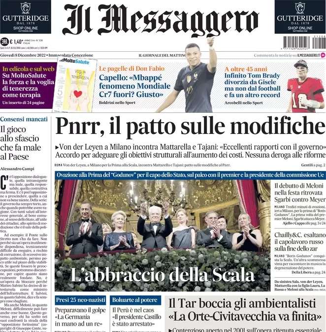 Il Messaggero apre con l’intervista a Capello: “Mbappé fenomeno Mondiale. Cr7 fuori? Giusto”