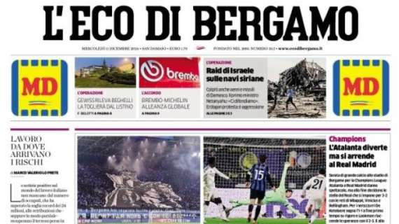 L'Eco di Bergamo apre: "L'Atalanta diverte, ma si arrende al Real Madrid"