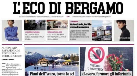 Eco di Bergamo in prima pagina: "L'Atalanta a Cagliari per confermarsi capolista di Serie A".