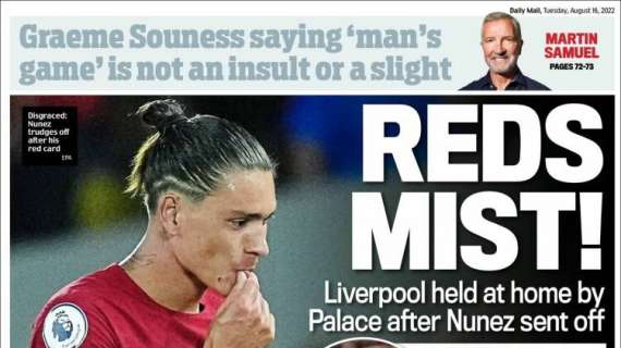 Il Daily Mail in apertura sul momento di difficoltà del Liverpool: "Reds Mist!"