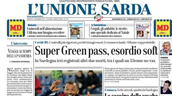 L’Unione Sarda in prima pagina dopo l’1-1 di Cagliari-Torino: “Cagliari, per fortuna c’è Joao”