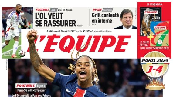 L'Equipe in prima pagina: "PSG da capogiro: 6-0 al Montpellier e doppietta per Barcola" 