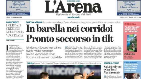 L'Arena in apertura: "L'Hellas risorge, Roma ko. Una lezione per Mourinho"