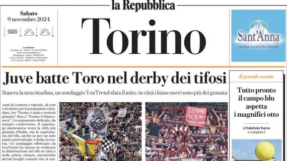 La Repubblica Torino in apertura: "Juve batte Toro nel derby dei tifosi"