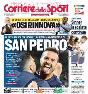 La Lazio sbanca Glasgow all'ultimo, il Corriere dello Sport in prima pagina: "San Pedro"