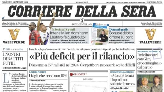 Corriere della Sera in taglio alto: "Inter e Milan dominano, Lautaro fa quattro gol"