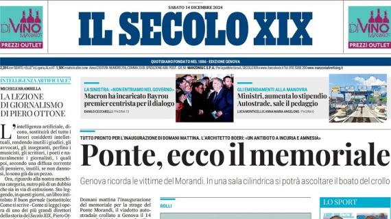 La prima pagina del Secolo XIX: "I destini incrociati nel derby ligure tra Samp e Spezia" 