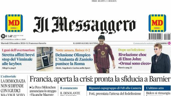 Il Messaggero apre sulla Roma: "Delusione all'Olimpico, vince l'Atalanta di Zaniolo"