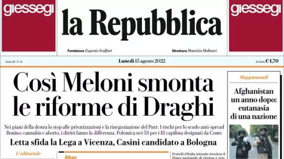 La Repubblica in prima pagina stamani: “Roma e Lazio doppia vittoria. Diretta Dazn in tilt”