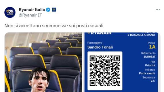 Ryanair Italia e il tweet con la foto di Tonali: "Non si accettano scommesse sui posti casuali"