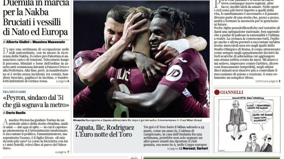 Corriere Torino in prima pagina: "Zapata, Ilic, Rodriguez. L'Euro notte del Toro"