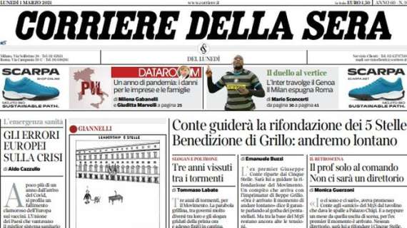 Il Corriere della Sera in apertura: "L'Inter travolte il Genoa, il Milan espugna Roma"