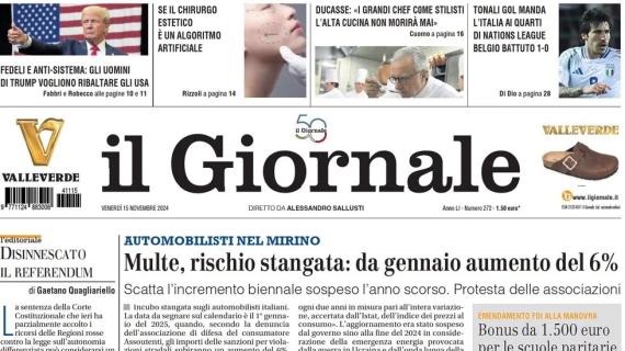 Il Giornale in prima pagina: "Tonali manda l'Italia ai quarti, Belgio battuto 1-0"