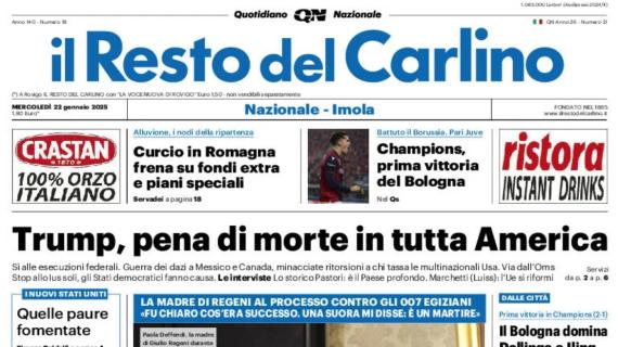 Il Resto del Carlino in prima pagina: "Prima vittoria in Champions per il Bologna"