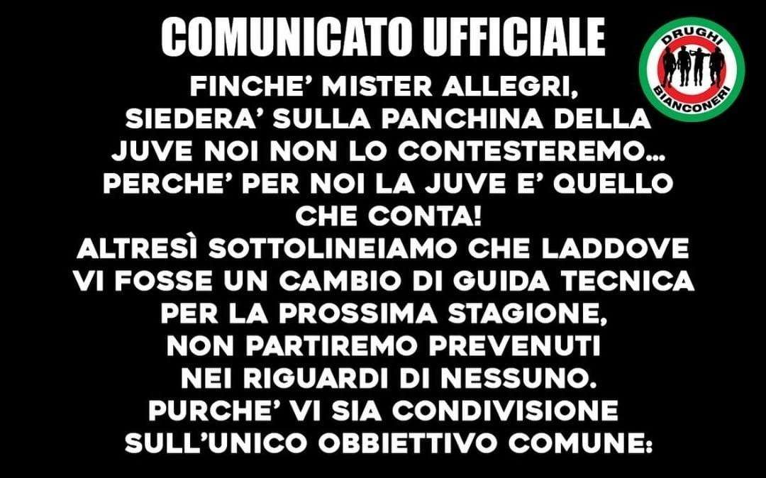 I Drughi assicurano: "Finché Allegri sarà l'allenatore della Juventus non lo contesteremo"