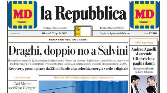 La Repubblica: "Andrea Agnelli si arrende. Gli altri club: paghi i danni"
