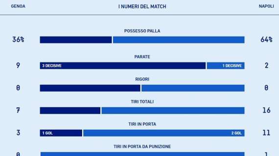 Le statistiche della sfida del Ferraris: per il Napoli 64% di possesso palla, 16 tiri contro 7