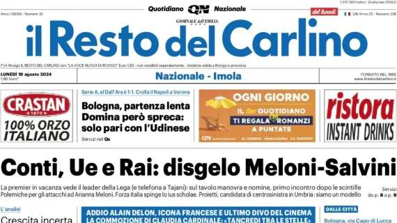 Bologna, inizio lento. Il Resto del Carlino: "Domina ma spreca, solo un pari con l'Udinese"