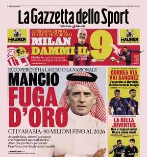 La prima pagina di oggi de La Gazzetta dello Sport titola: "Mancio fuga d'oro"